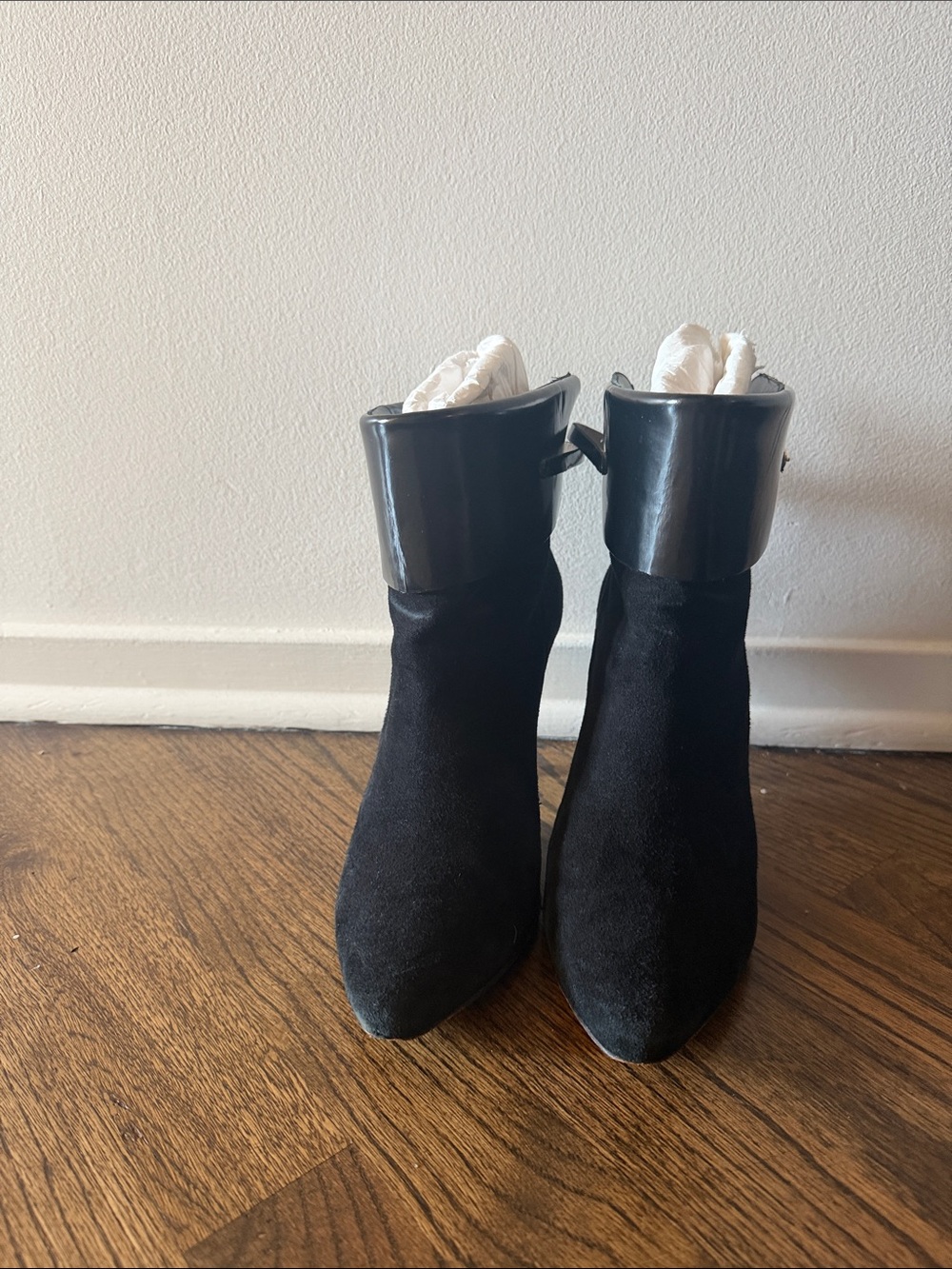 10 Crosby Derek Lam Black Suede Ankle Booties with Patent Cuff